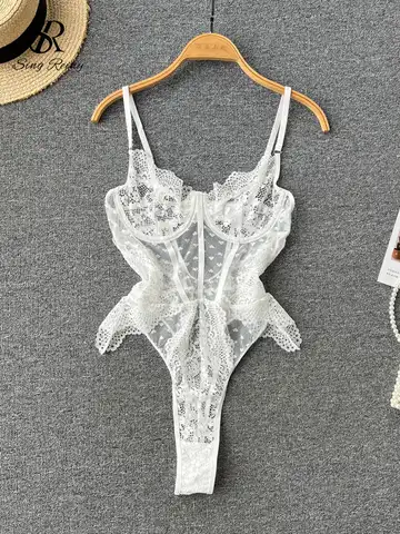 SINGREINY Lace Sexy Camis Bodysuits Summer Underwear Transparent Short Playsuits Hollow Out Women Straps Sheath Fashion Rompers
