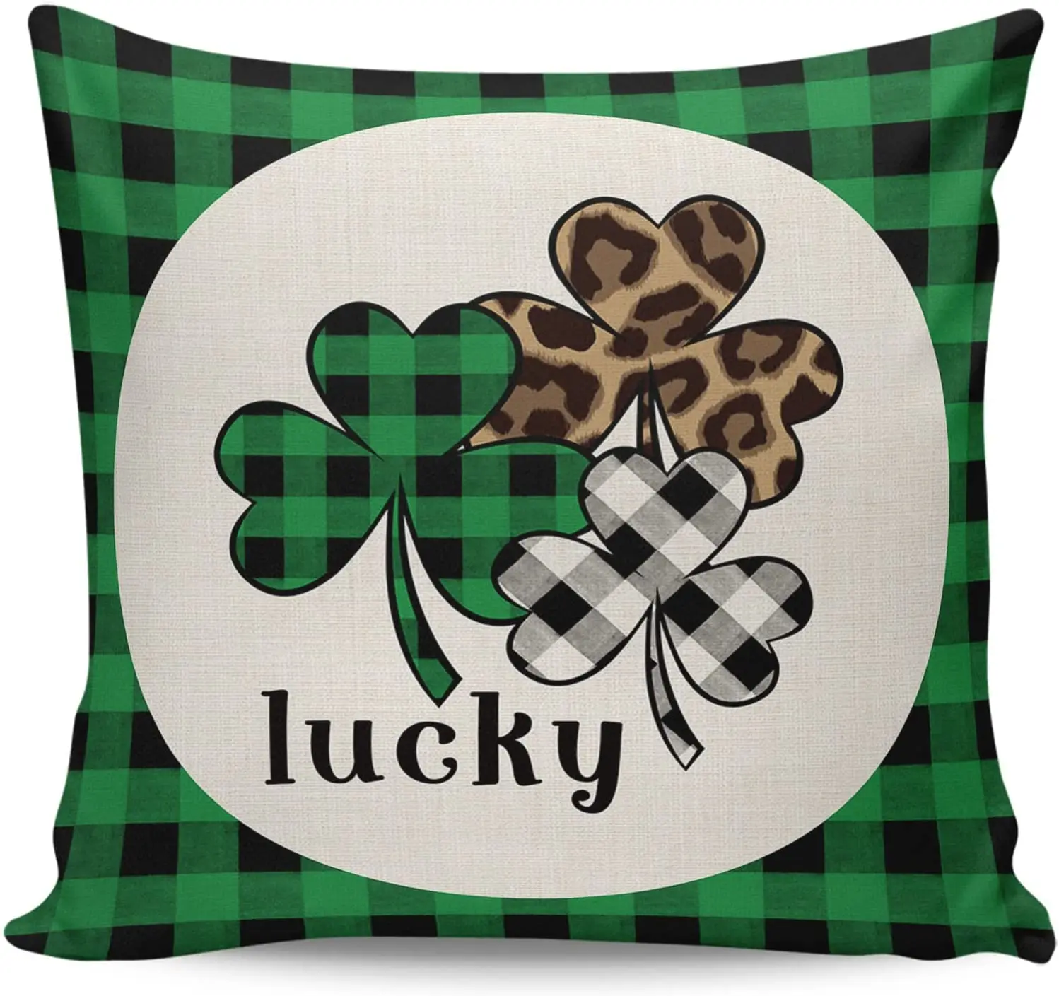 

Decorative Cozy Soft Throw Pillowcase Covers,St. Patrick's Day Lucky Clover on Buffalo Plaid Square Zipper Cushion Case