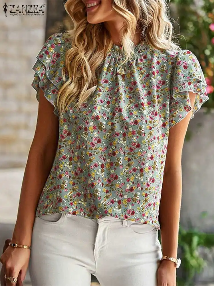 

ZANZEA Elegant Floral Print Pleated Tops Women Casual Blouses 2023 Summer Stand Collar Shirts Fashion Ruffle Sleeve Chic Blusas