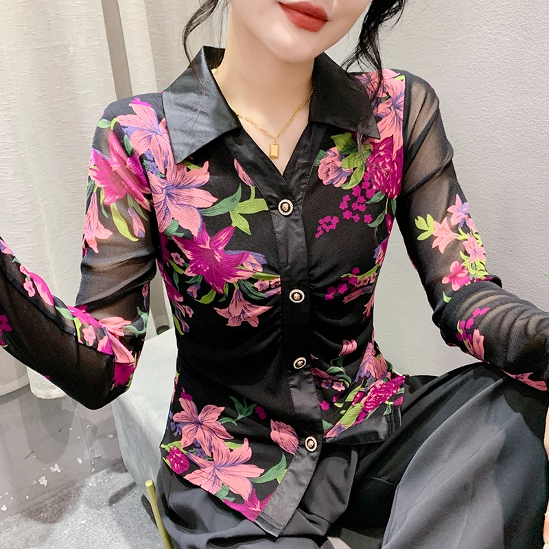 #7364 сетчатая рубашка с цветочным принтом Женская облегающая короткая отложным