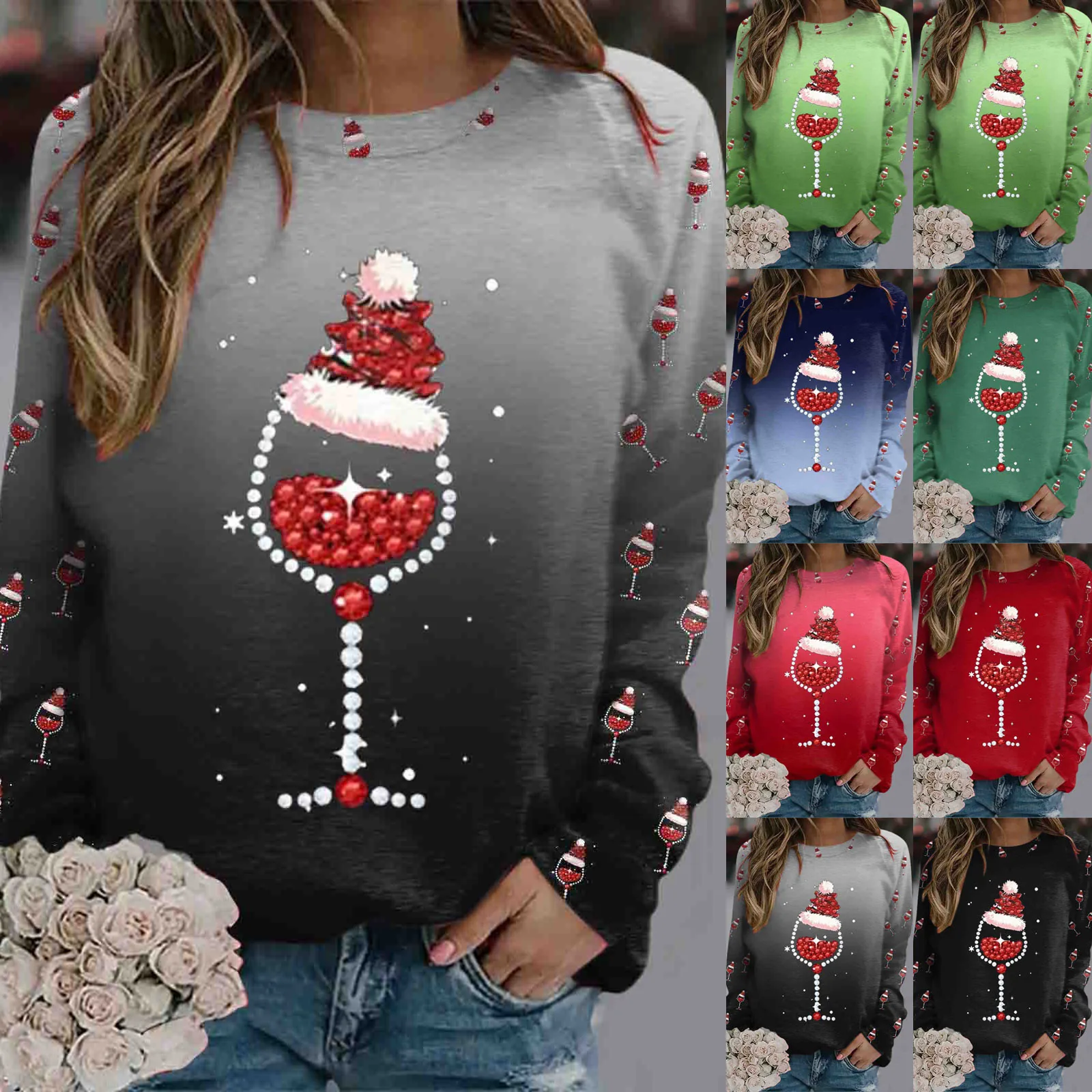 

Women Christmas Wine Glass Shirt Long Sleeve Top Round Neck Casual European Style patchwork Loose fit
