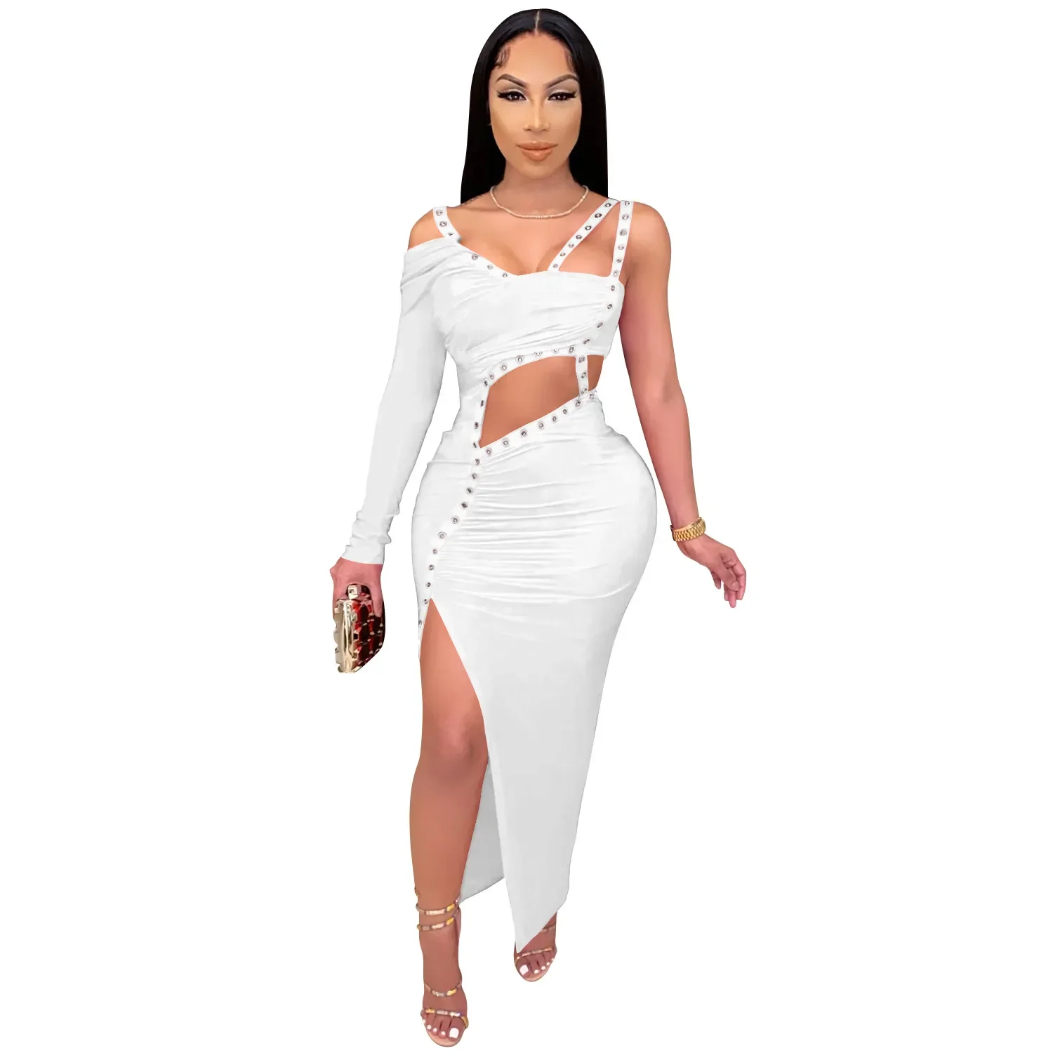 

Women Dress One Shoulder Full Sleeve Hollow Out Ankle-length Sheath Elastic Solid Party Dresses Summer New Fashion Dress