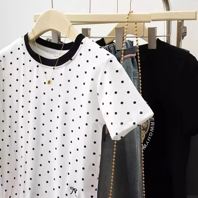 Футболки с принтом в горошек женские корейские модные облегающие укороченные