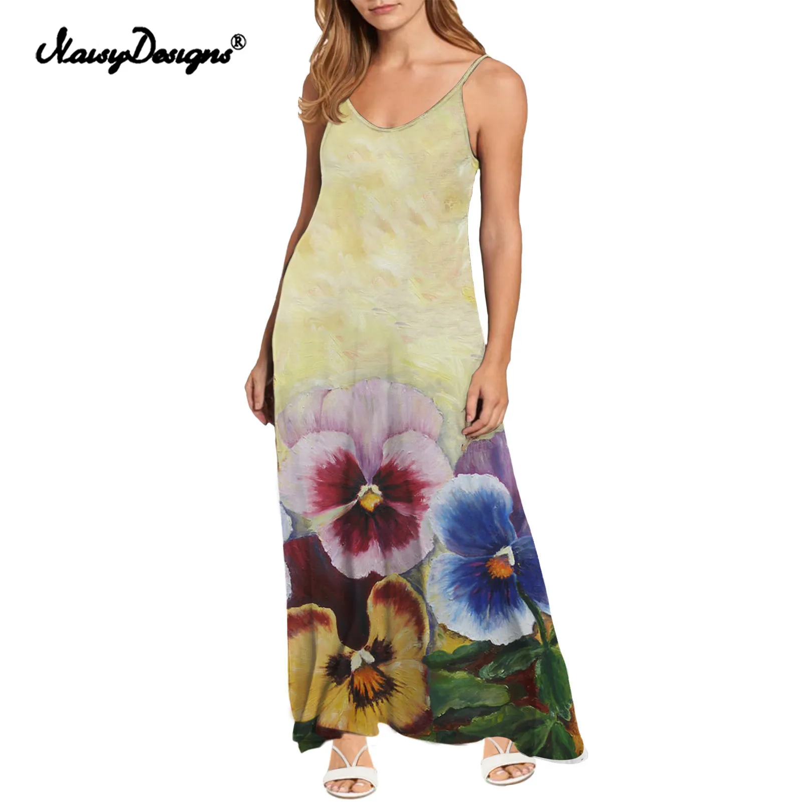 Noisydesigns Summer Fairy Dress Women Pansy Flowers Painting Dress Sleeveless Casual Elegant Color Floral Print Dress Women 2022