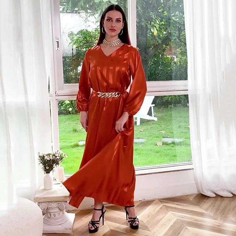 Stripe Long Dress Abaya Muslim Woman Dubai V Neck Jacquard Ramadan Kaftan Islamic Turkish Arabic Algerian Evening Dresses Turkey