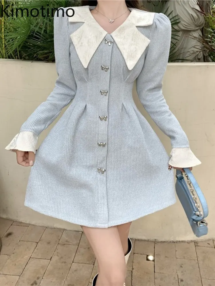 Женское твидовое платье Kimotimo элегантное платье-трапеция с отложным воротником
