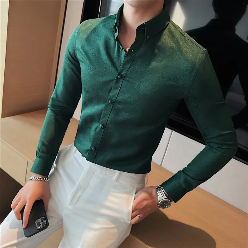 

High Quality Luxury Print Long Sleeve Shirts For Men Cloting 2022 Business Formal Wear Slim Fit Casual Prom Tuxedo Plus Size 4XL