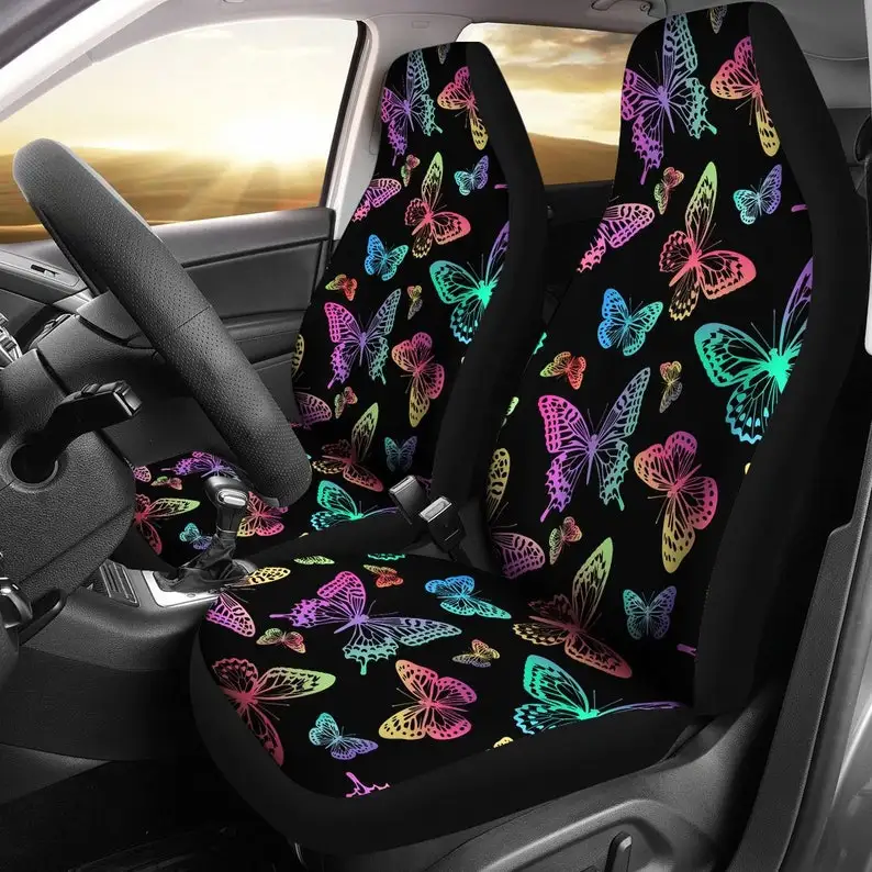 

Colorful Butterflies Black Car Seat Covers Pair, 2 Front Seat Covers, Car Seat Protector, Car Accessories