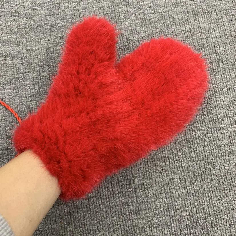 Women's Real Mink Fur Mittens Winter Wrist Length Fingerless Fluffy Knitted Gloves