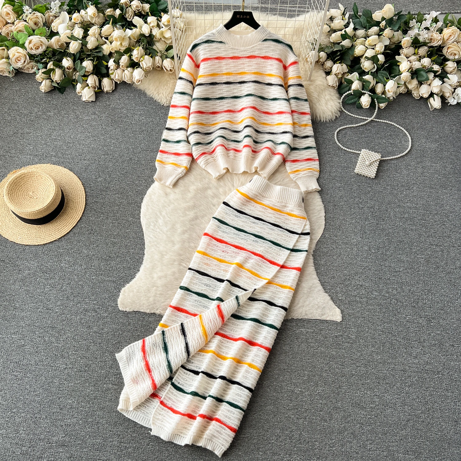 

Summer Stripe Knit Two Pieces Skirt Sets Women Long Sleeve O Neck Blouse with High Waist Split Full Skirt