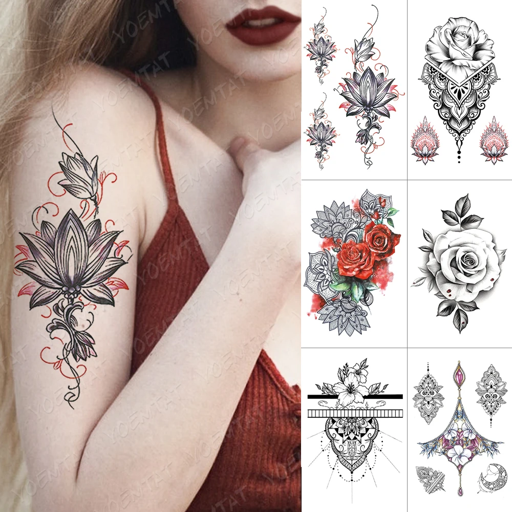 

Henna Glitter Waterproof Temporary Tato Sticker Lotus Rose Gem Sexy Body Art Transfer Fake Tattoo Men Women Personality Tattoos