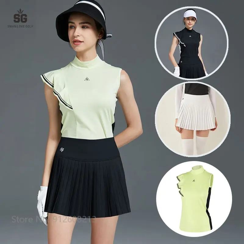 Swan Love Golf Women's Sleeveless Tank Tops Summer Ruffle Sleeve T-Shirts Ladies Short Skirt Pleated Skorts Golf Clothing Sets