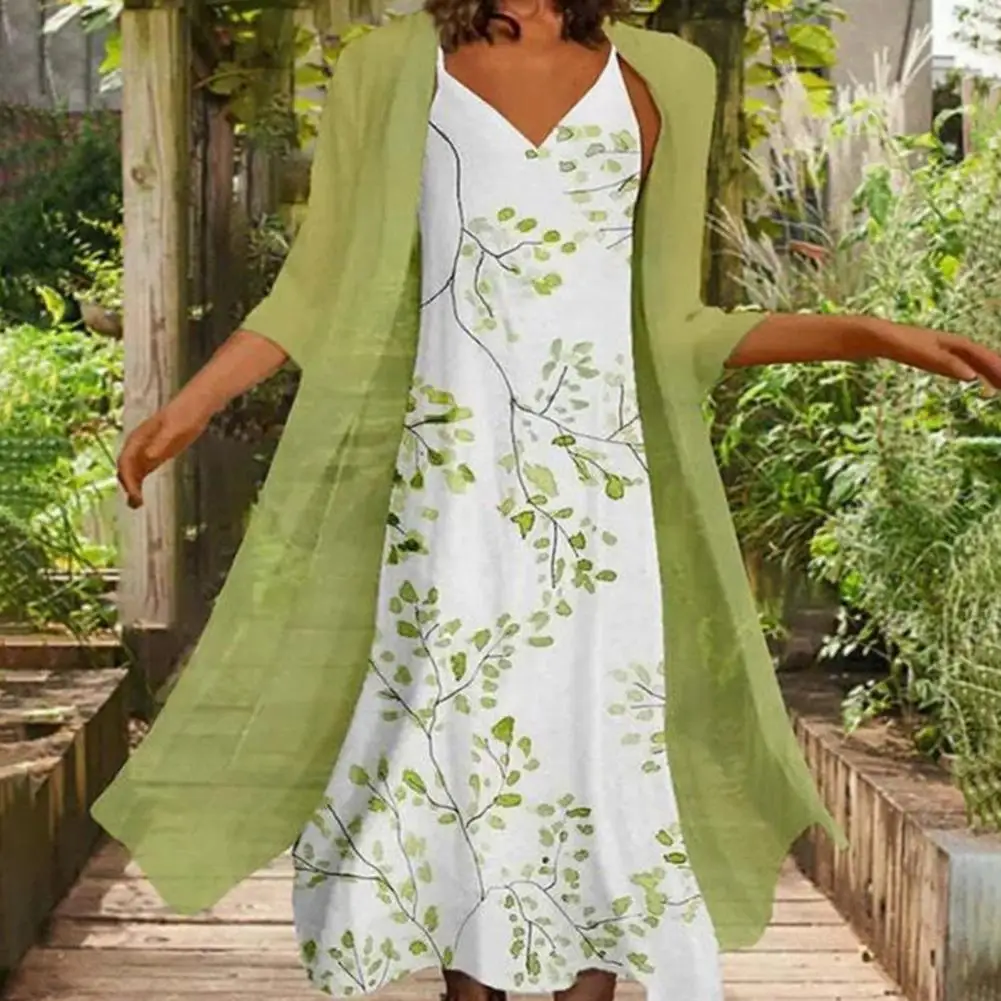 

Elegant Floral Leaf Print Large Hem WomenMaxi Dress Summer Sleeveless A-Line Dress Office Lady Cardigan Dress Robe vestidos