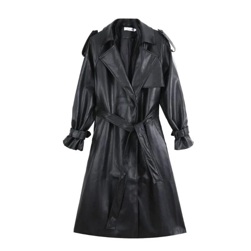 Fashion Long black leather trench coat for women long sleeve belt lapel Women fashion 2023 Luxury spring British Style outerwear