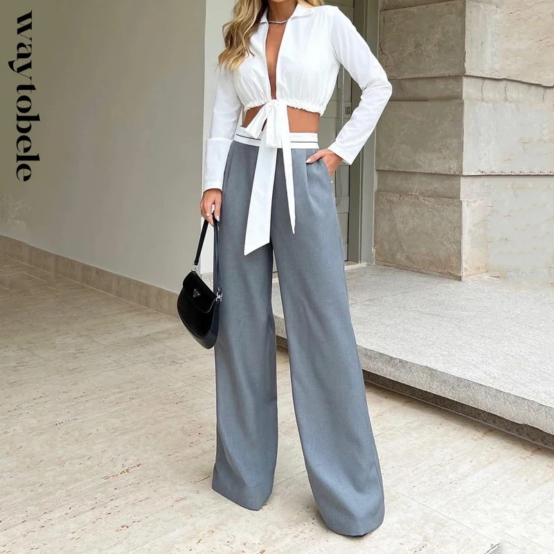 

Waytobele Women Two Piece Set Office Solid Lapel Long Sleeve Drawstring Tie Up Hollow Out Shirt Top Loose With Pockets Pants Set