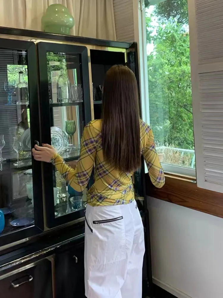 Женские пикантные сетчатые Прозрачные топы в желтую клетку Y2k модные укороченные