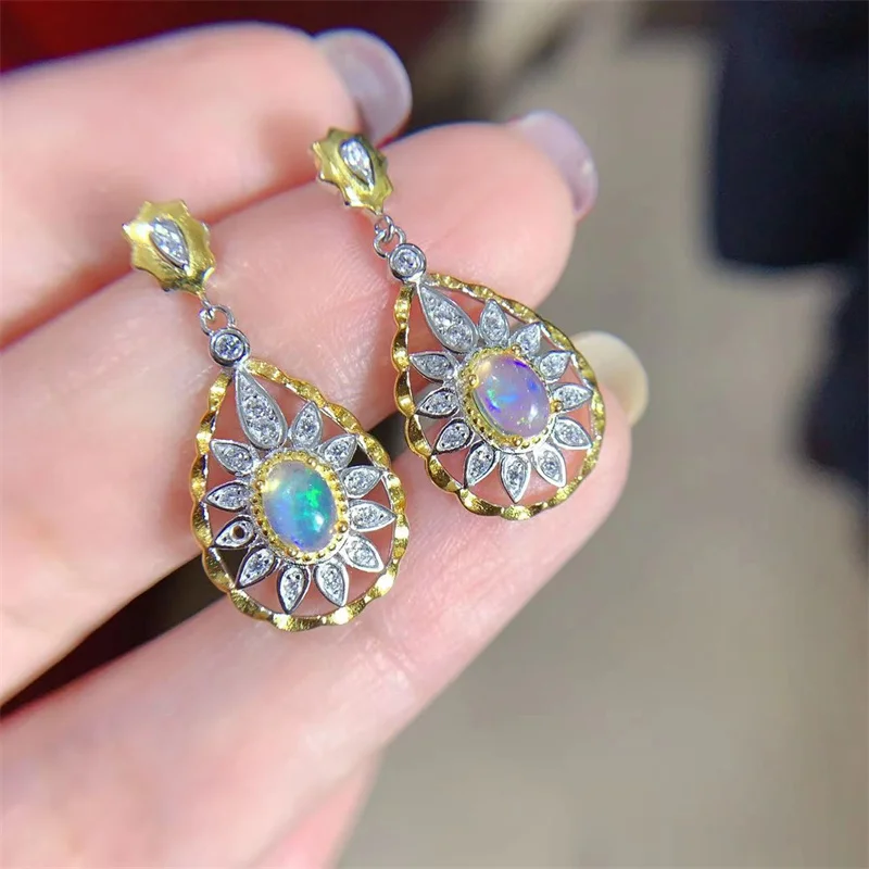 Натуральный опал 925 Висячие серьги из серебра пробы 6x4 мм оригинальный с