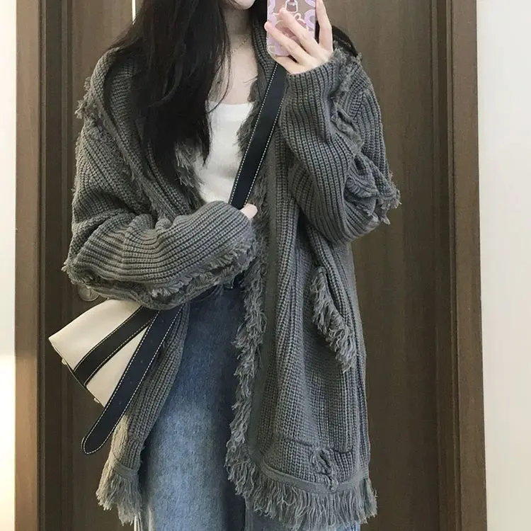 

Korean version of fringed raw knitting cardigan plus size women's casual Joker coat 2023 new autumn and winter loose lazy wind