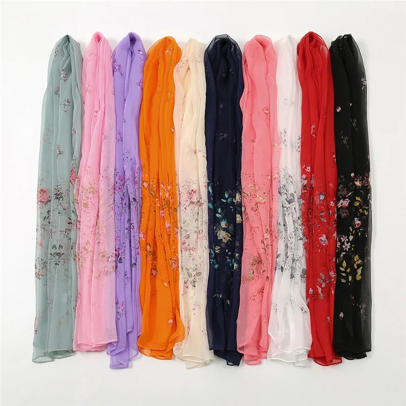 

2022 Fashion Women Luxury Brand Pure Floral Chiffon Silk Scarf Print Soft Beach Foulard Shawls Scarves Summer Cover-ups Hijab