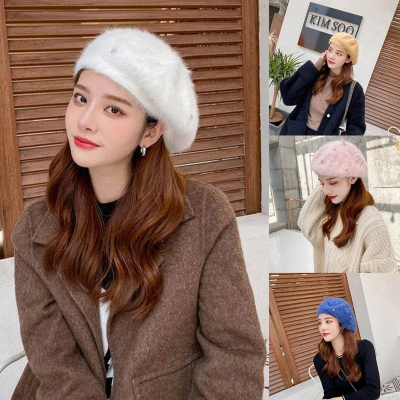 

40GC French Style Women Winter Fuzzy Plush Beret for rhinestone Faux Pearl Embellished Solid Color Painter Pumpkin Beanie