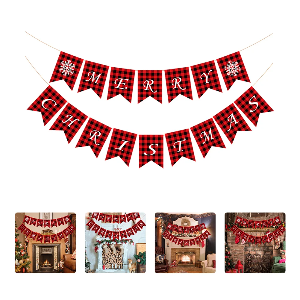 

Banner Christmas Bunting Xmas Holiday Checkered Plaid Ceiling Garland Rustic Fireplace String Tree Flag