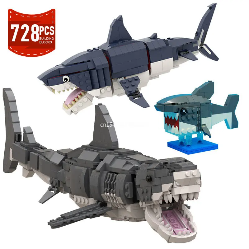 MOC Marine Animals Shark Whale Megalodon Building Blocks Set Deep Sea Reset Fish Bricks Educational Assemble Toys for Kid Gifts