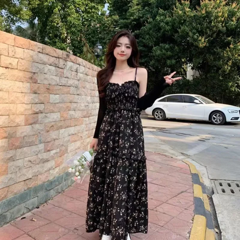 Элегантное утягивающее длинное платье черное платье-майка с цветочным принтом