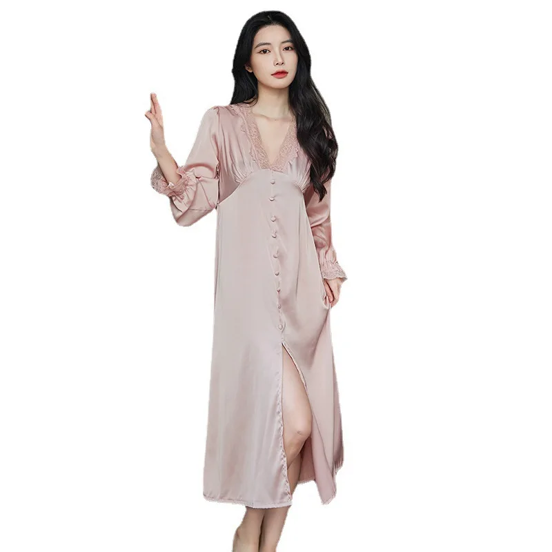 Palace Style Lace V-neck Night Dress Women Summer Satin Nightgown With Button Long Sleepwear Sleepshirts Lounge Home Dresses