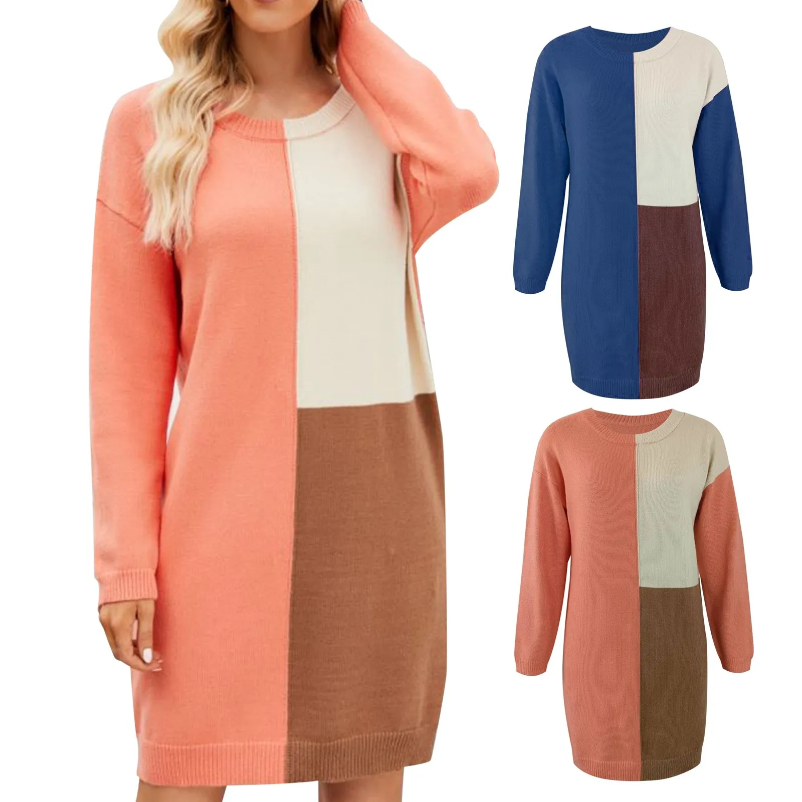 

over Dress Autumn/Winter Long Round Neck Sweater Dresses Temperament Pullover Knitwear Panel Contrast Knitwear