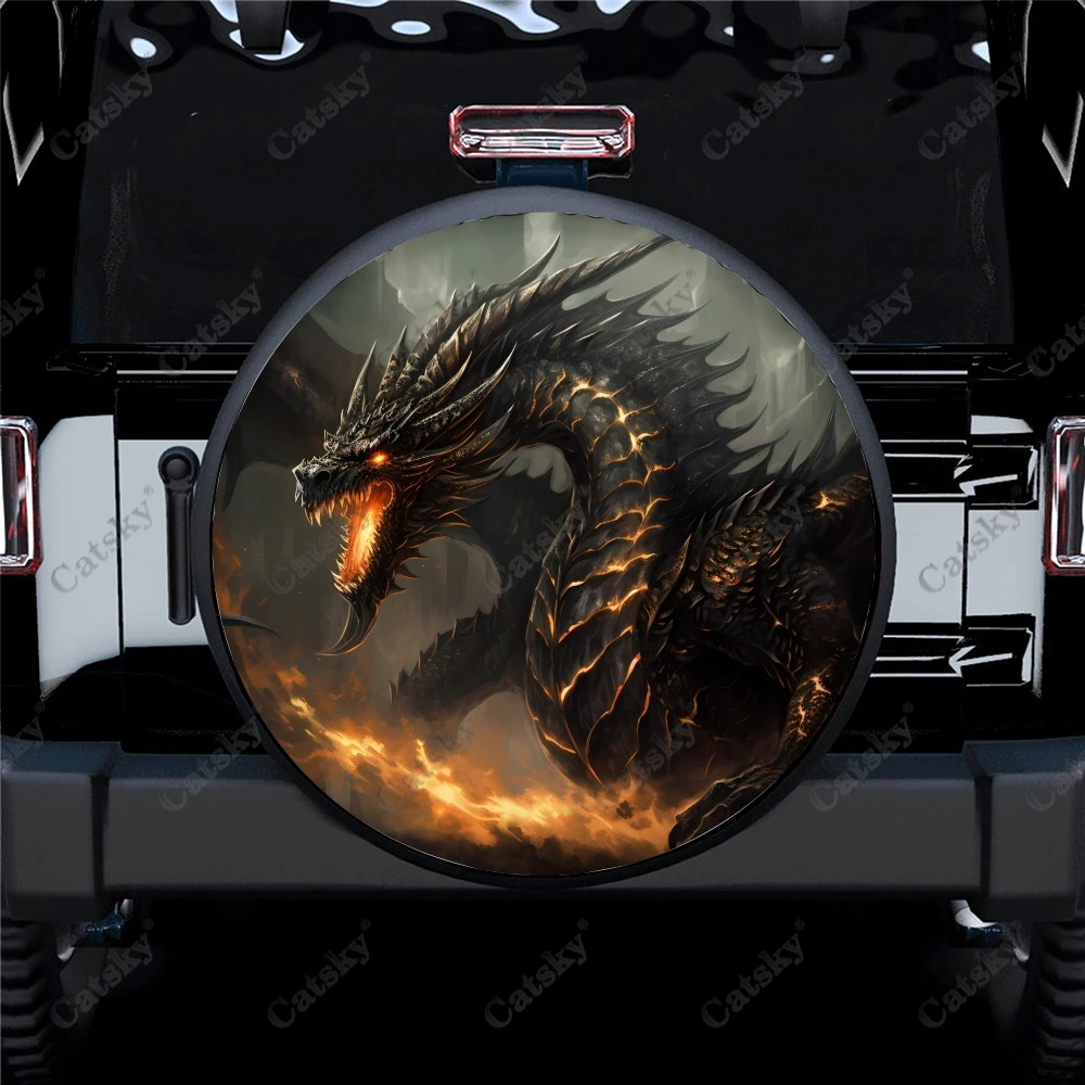 Универсальная крышка для запасных колес, полиэстеровый чехол черного и золотого цвета с изображением огненного дракона для прицепа, фургона, внедорожника, грузовика, кемпера