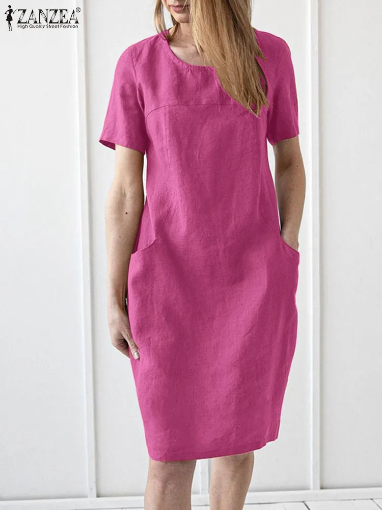 

Винтажное праздничное розовое платье ZANZEA, повседневное свободное женское Пляжное Платье До Колена, летние женские халаты 2023