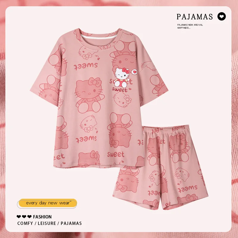 

Kawaii Sanrio Anime Hobby Hello Kitty Summer Girls Thin Section Homewear Round Neck Short Sleeve Shorts Two-Piece Set