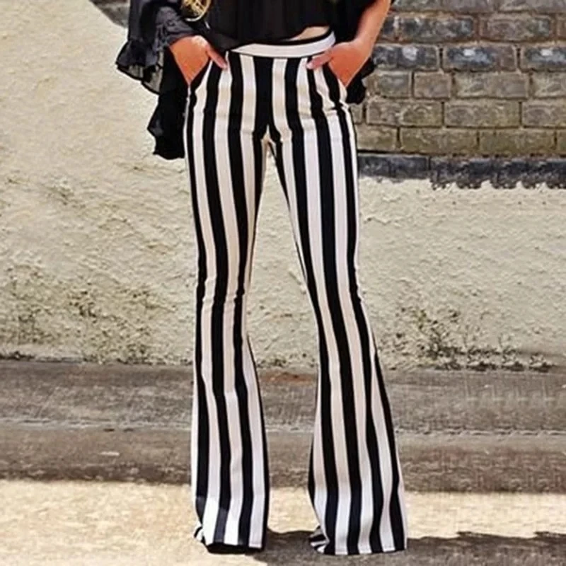 

Женские свободные брюки, элегантные черные широкие брюки в Вертикальную Полоску с высокой талией и карманами, женские расклешенные брюки с колокольчиком