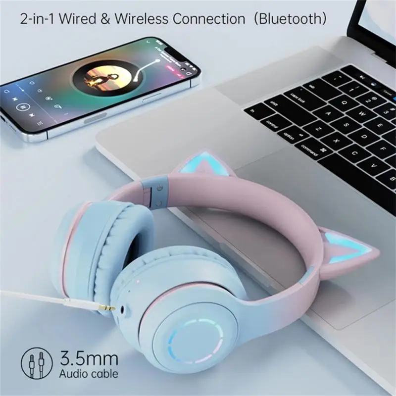 

Flash Light Music Helmet Cat Ears Headset Long Duration Stereo With Mic Bluetooth Wireless Headphone New Earbuds Foldable