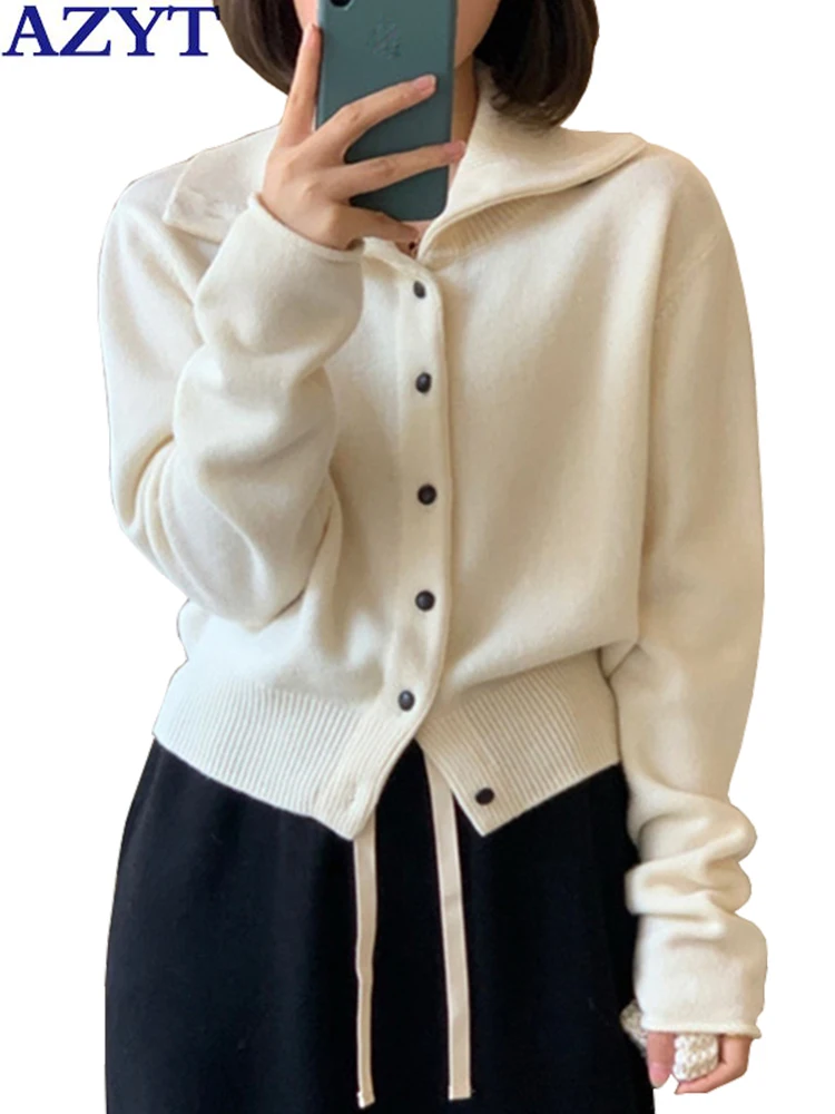 

AZYT Turn Down Collar Sweater Cardigan Women Autumn Soft Knit Cardigan Female Jacket 2022 All Match Casual Women Sweater Coat