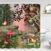 fantasy colorful shower curtain red mushrooms green tree red leaves flowers forest bathroom with hooks waterproof bath curtains