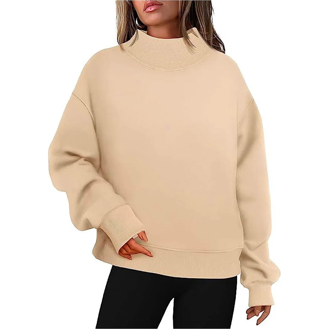 

Korean High Neck Pullover Women Hoodies Solid Color Long Sleeve Autumn Thread Sweatshirts Women Hoodies