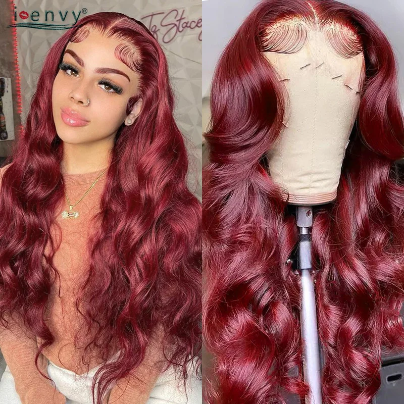 

Цветные красные парики из натуральных волос на кружеве, бордовый 13X4 Hd прозрачный кружевной передний al парик Remy объемные волнистые кружевны...