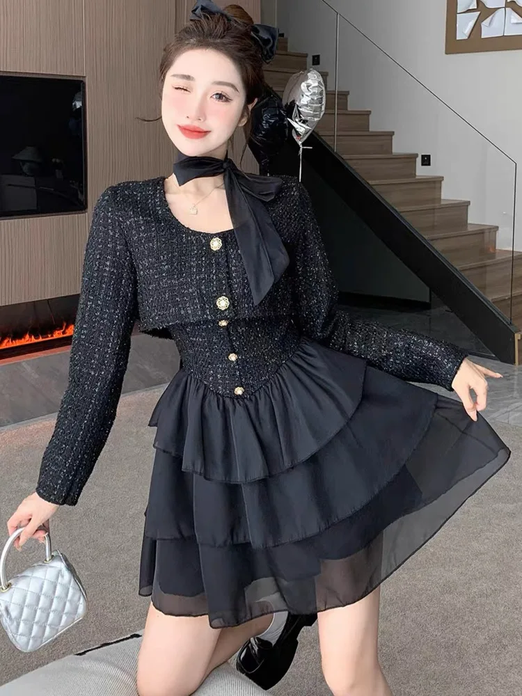 

Autumn Winter Fashion Two Piece Sets Womens Outifits dress+ Short Jacket Tweed Ensemble Femme conjuntos feminino elegante