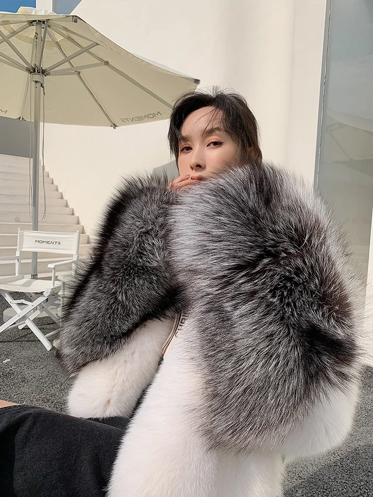 2022 New Winter Natural Real Fox Fur Coat Women Whole Skin Genuine Leather Fur Jacket With Silver Fox Fur Sleeve Coat for Female