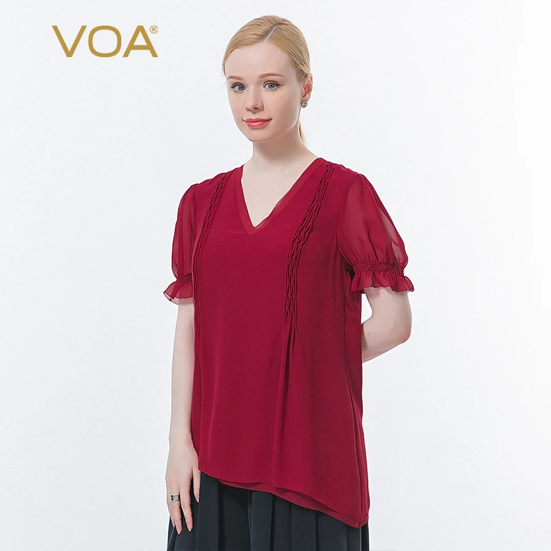 

VOA Silk Georgette Wine Red V-neck Lantern Sleeve Wood Ear Fold Double Asymmetric Hem Chiffon Summer Solid Loose T-shirt BE673