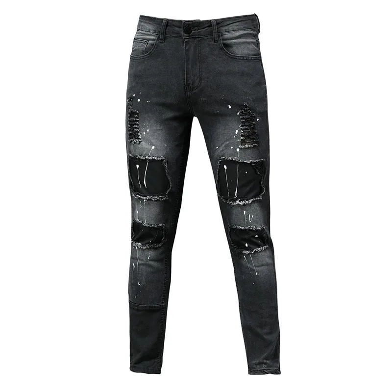 Black Ripped Jeans Men High Street Slim-Fit Pencil Pants  Locomotive Zipper Patchwork Denim Pants Streetwear Jeans For Men