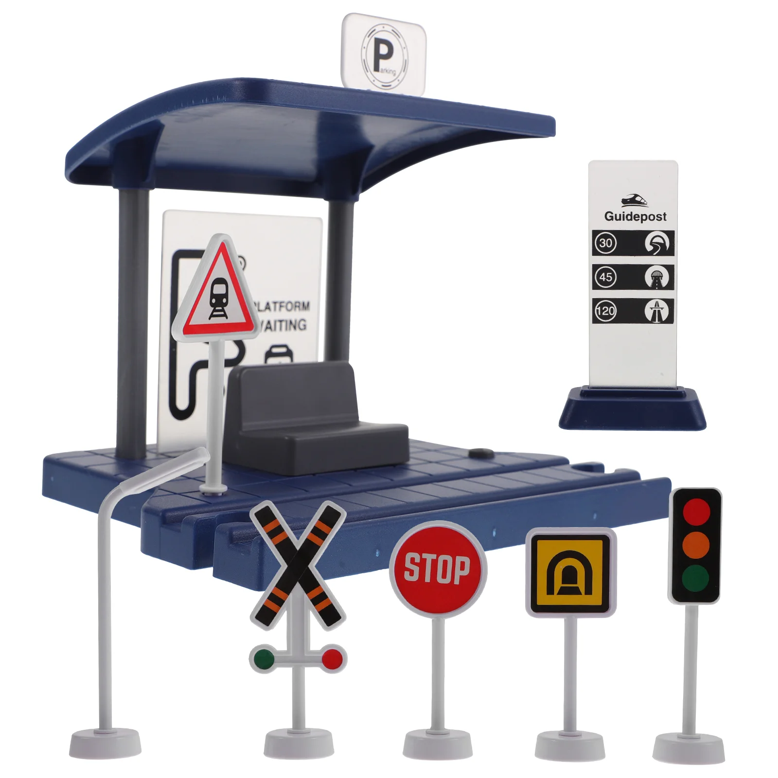 

1 Набор баррикадов, игрушечная мини-модель, железнодорожные блоки, поезд, дорожный блок