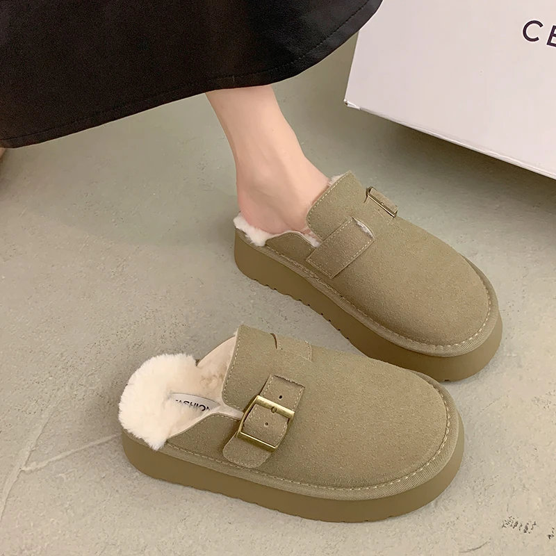 

Зимние женские меховые домашние тапочки, Классическая Пряжка, Нескользящие повседневные домашние тапочки на плоской подошве, женские теплые тапочки с закрытым носком, новинка 2023