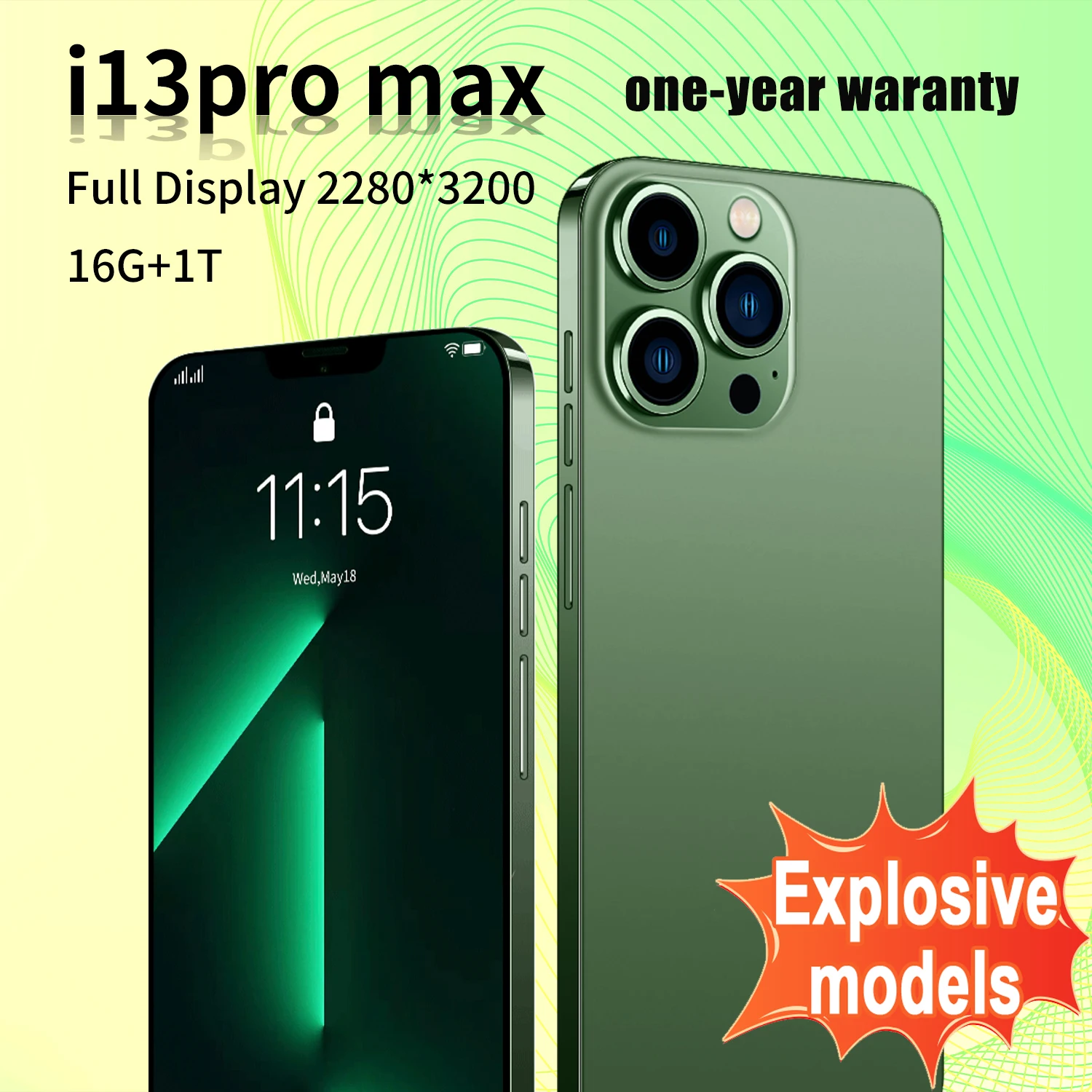 

2022 Green Unlocked Cellphone i13 Pro Max 6.7 Inch 3G 4G 5G Smartphone 16GB+1TB Celular Mobilephone Android 11 Cheap Mobiles