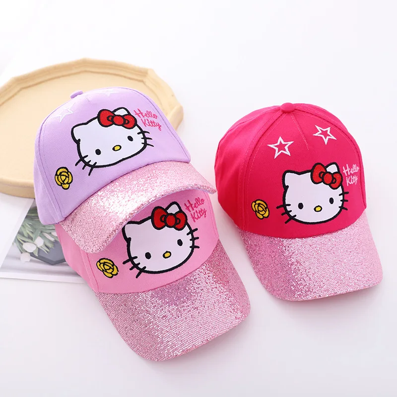 

Детская шляпа с козырьком от солнца Sanrio, модная кепка с козырьком Hello Kitty для девочек, подарок для девушки, корейская шляпа с блестками, милая бейсболка