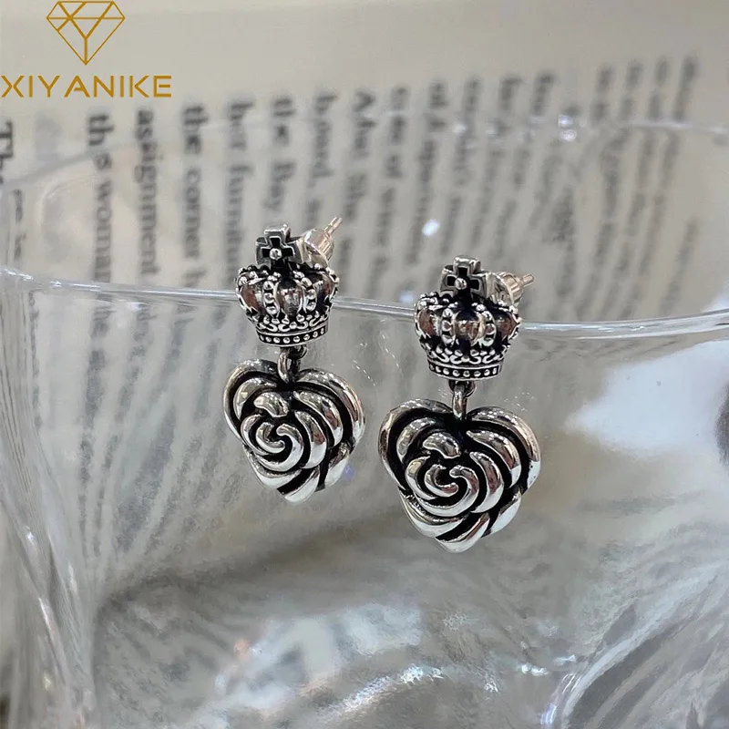 

XIYANIKE Vintage Crown Rose Flower Ear Studs Drop Dangle Earrings For Women Girl Korean Fashion Retro Jewelry Gift Party серьги