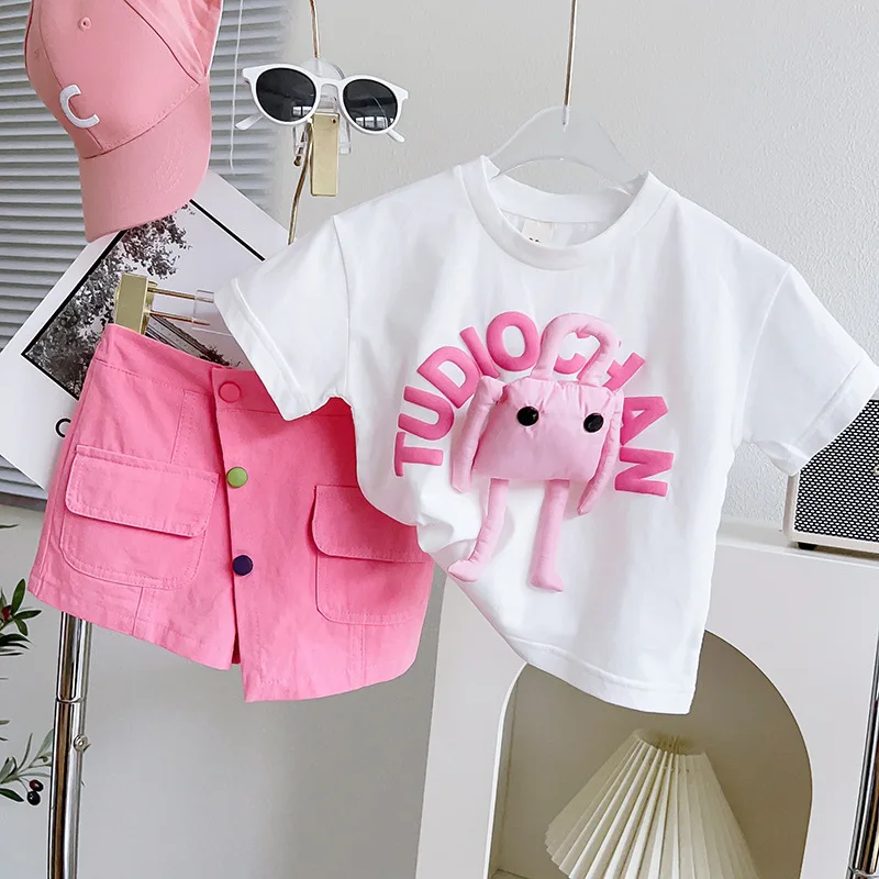 

Girls Suit Summer Girls White Cotton Short Sleeve Cute Top + Irregular Shorts Two-piece Set Girl Outfit Set
