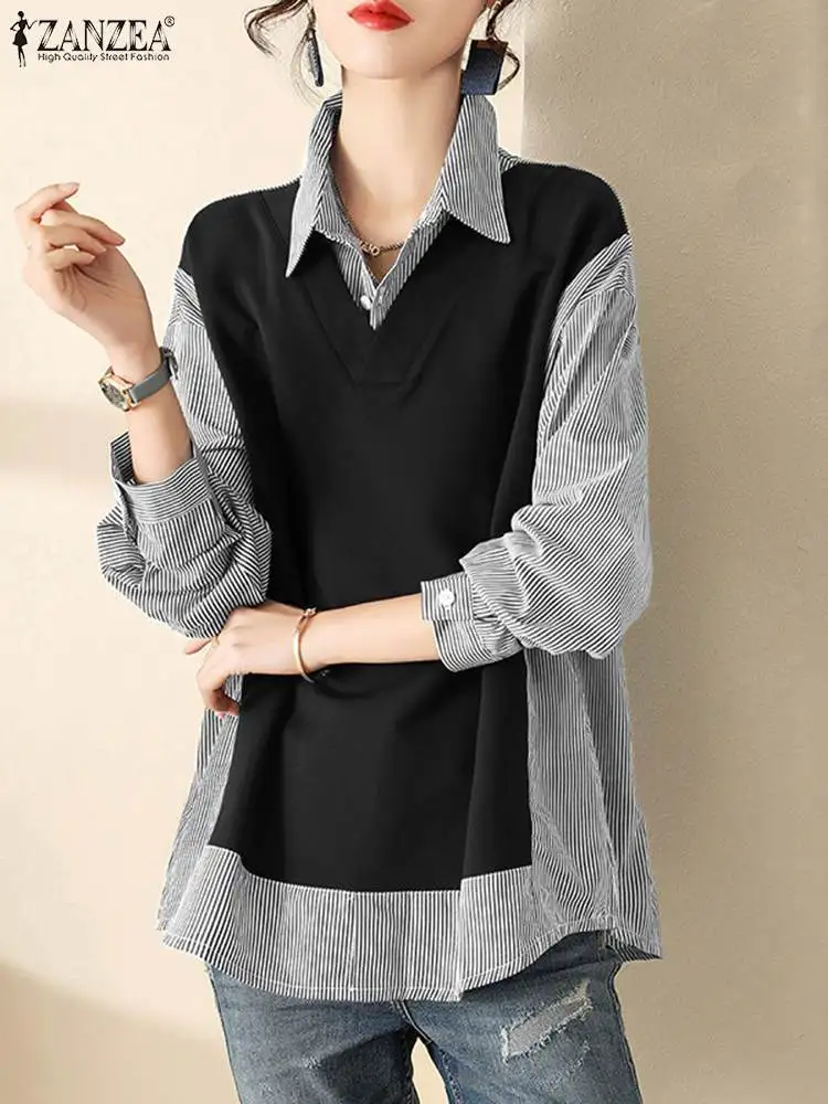 

Модная весенняя блузка в стиле пэчворк, женская рубашка с отложным воротником и длинным рукавом ZANZEA, Стильные топы в полоску, элегантные рабочие блузки, туника, рубашка