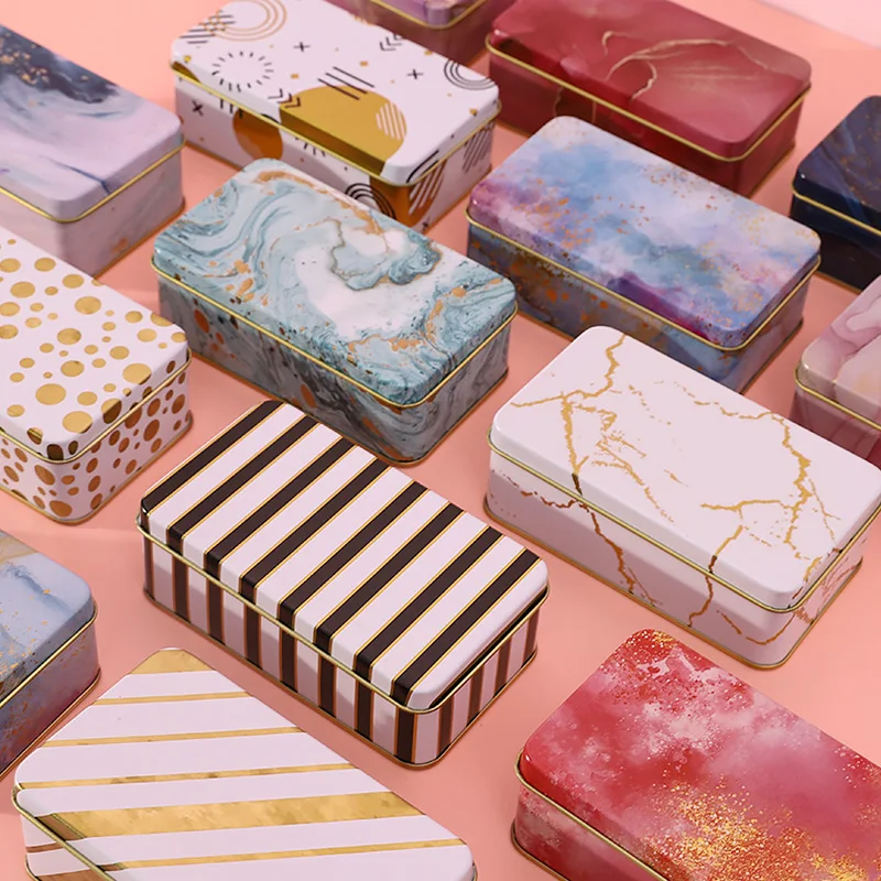 

1PC Candy Cookie Gift Case Metal Marbling Printing Random Color Storage Box Tinplate box Sugar Coffee Tin Party Supplies